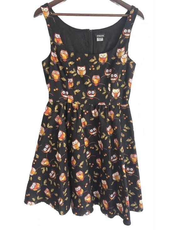 Retrolicious Dresses & Skirts - Retrolicious Owl Print Sleeveless Fit & Flare Dress Size M Black Cotton Pockets